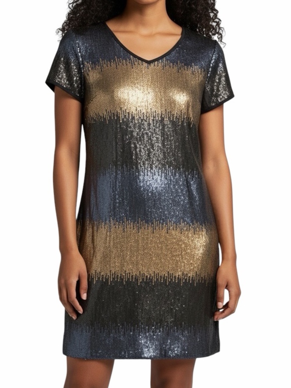 Ivy & Blu Sequin Stripe V-Neck Shift Dress in Black, Gold & Blue Size 10